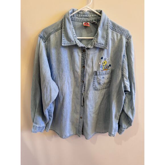 VTG Warner Bros Looney Tunes Tweety Bird Denim Womens Shirt 22-24 W Cottage Core - Picture 1 of 7